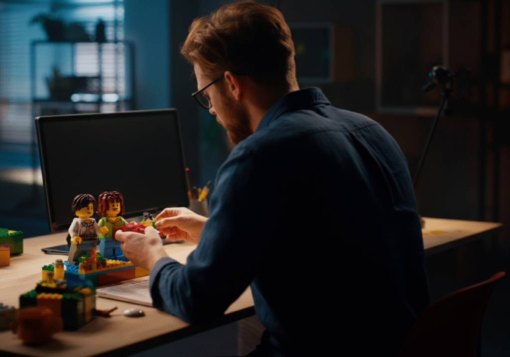 A joyful team of employees gathered around a table, assembling a custom LEGO® office set together. The set includes personalized minifigures, mini versions of their workspace, and symbolic team achievements.