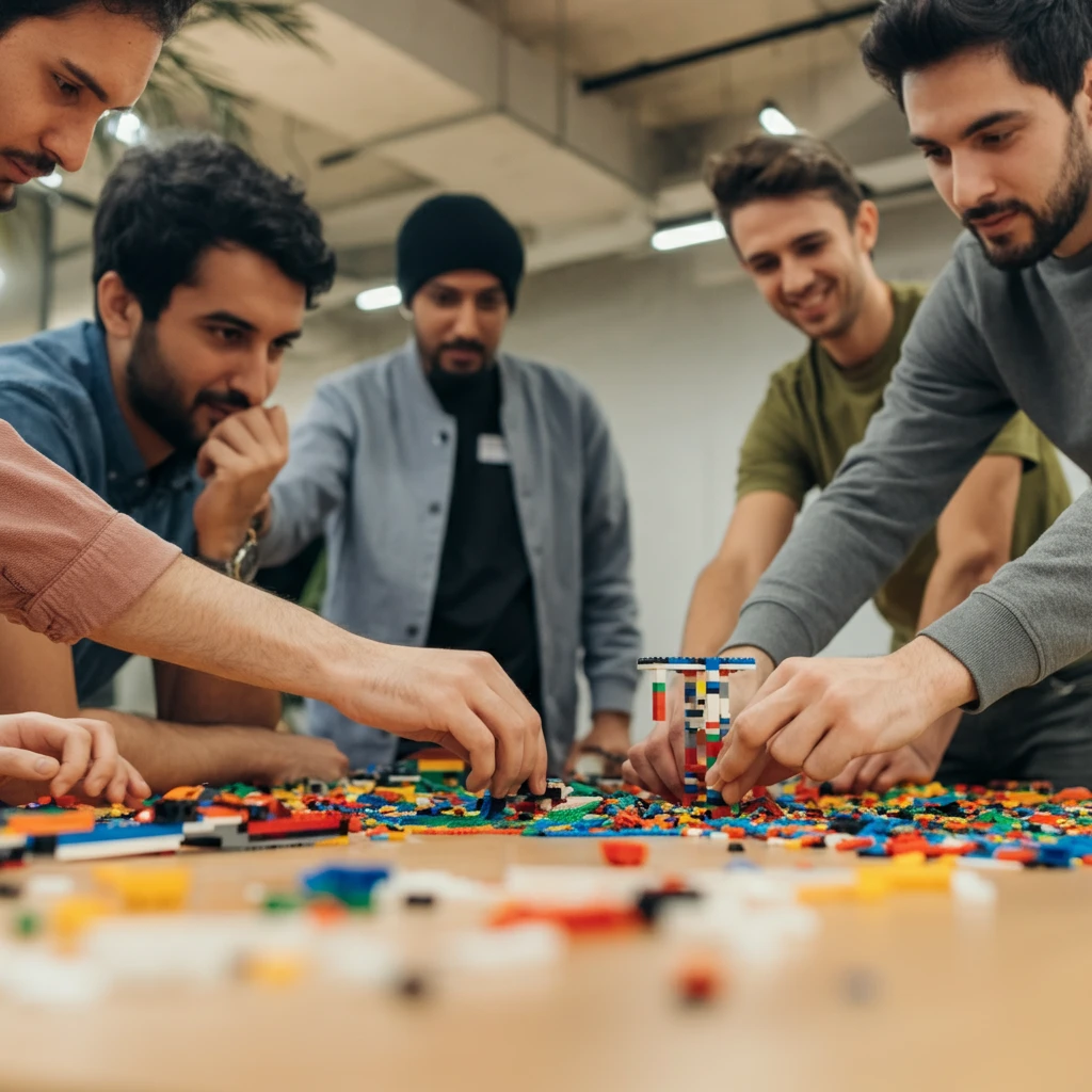 Team working together with bricks